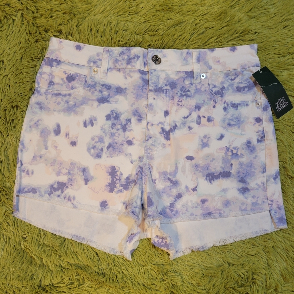 Wild Fable: High-rise Purple Tie Dyed 5 Pocket Denim Frayed Hi-Low hem Shorts